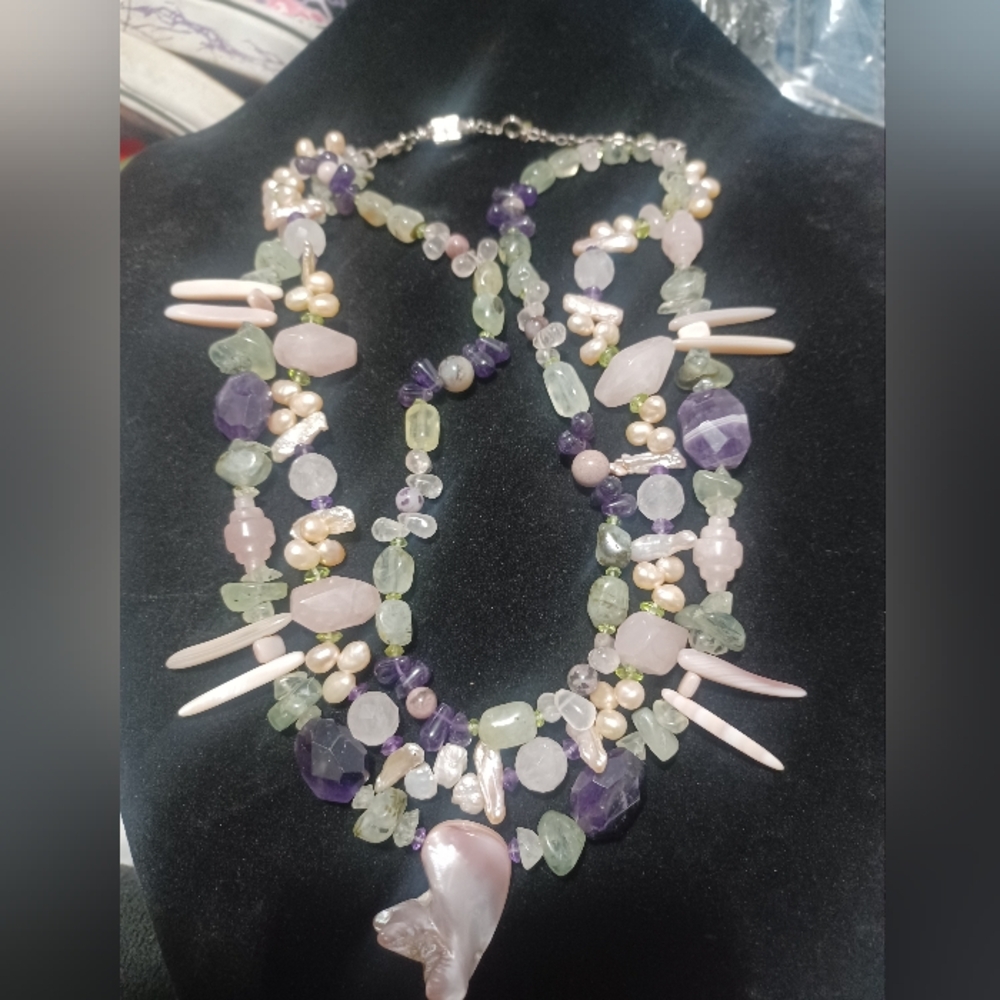 Real Gemstone Purple & Green Amithyst, Mother Of Pearl, Freshwater,Squashblossom